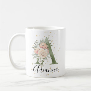 Sage Groen Monogram Letter A Peach Beige Floral Koffiemok