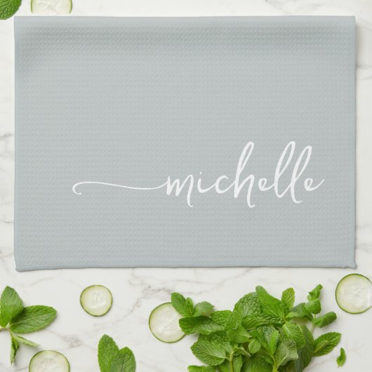 Sage Groen Monogram Naam Gouden Kalligrafie Script Theedoek (Gevouwen)