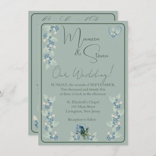 Sage Groen op Groene Bloemenbruiloft Kaart (Voorkant / Achterkant)