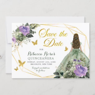 Sage Groen Paarse Quinceañera Save The Date Kaart