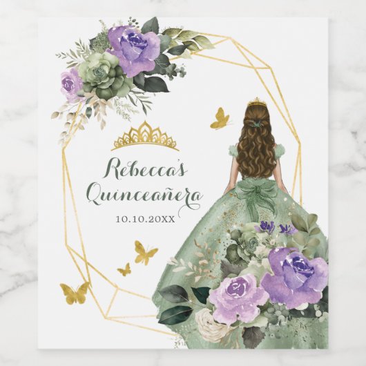 Sage Groen Paarse Quinceañera Wijn Etiket (Enkel label)