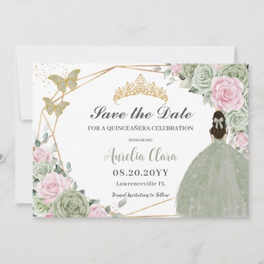 Sage Groen Roze Bloemen Goud Quinceanera Prinses Save The Date (Voorkant)