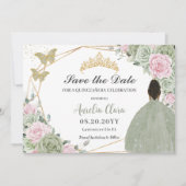 Sage Groen Roze Bloemen Quinceanera Bruin Prinses Save The Date (Voorkant)