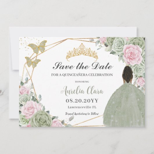 Sage Groen Roze Bloemen Quinceanera Bruin Prinses Save The Date (Voorkant)