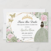 Sage Groen Roze Bloemen Quinceanera Tan Prinses Save The Date (Voorkant)