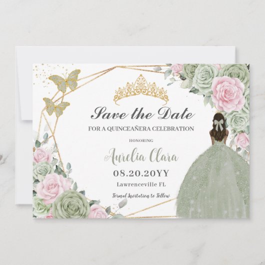 Sage Groen Roze Bloemen Quinceanera Tan Prinses Save The Date (Voorkant)