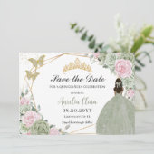 Sage Groen Roze Bloemen Quinceanera Tan Prinses Save The Date (Staand voorkant)