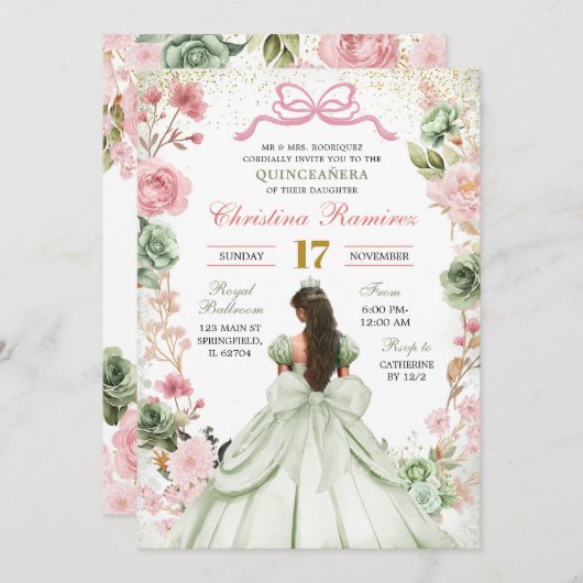 Sage Groen Roze Coquette Bow Princess Quinceanera Kaart (Voorkant / Achterkant)