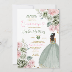 Sage Groen & Roze Prinses Floral Goud Quiñceanera Kaart
