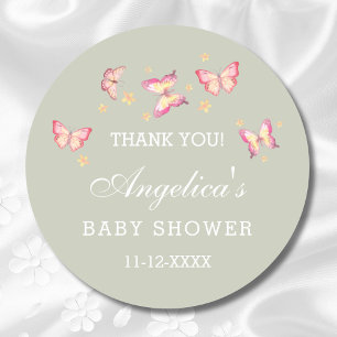 Sage Groen Roze Vlinder Baby shower Dank u Ronde Sticker