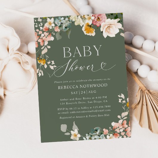 Sage Groen Rustiek Baby shower Uitnodiging