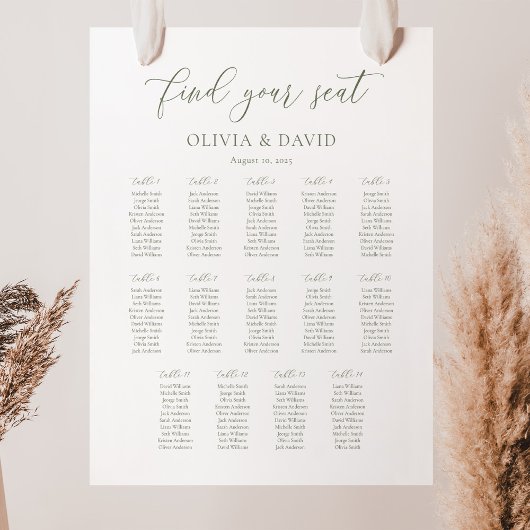 Sage Groen Script Elegant 14 tafel Zitgrafiek Poster
