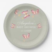 Sage Groen Stoffig Roze Perzik Vlinder Baby shower Papieren Bordje (Voorkant)