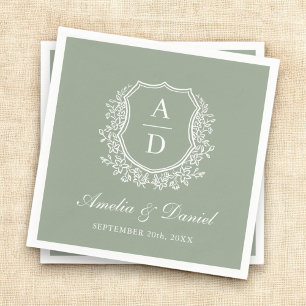 Sage Groen Wapenschild Elegant Monogram Trouwen Servet