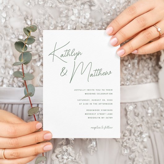 Sage Groen Whimsical Script Minimalistische Bruilo Kaart