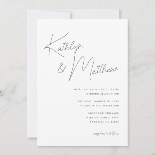 Sage Groen Whimsical Script Minimalistische Bruilo Kaart (Voorkant)