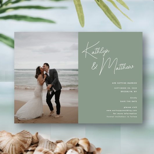 Sage Groen Whimsical Script Modern Save The Date Magnetische Uitnodiging