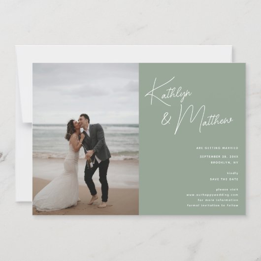 Sage Groen Whimsical Script Modern Save The Date Magnetische Uitnodiging (Voorkant)