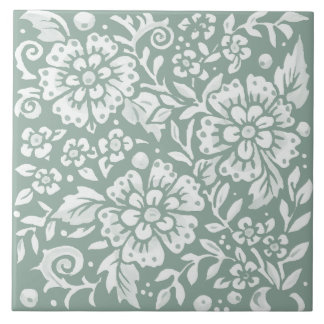 Sage Groen Wit Bloemen Ontwerp Tegeltje