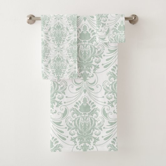 Sage Groen Wit  Damask Patroon Bad Handdoek (Insitu)