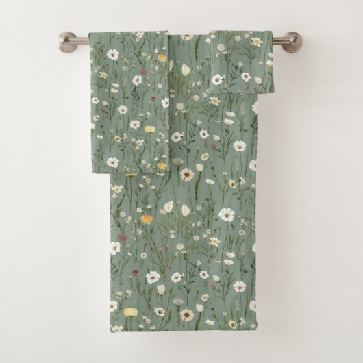 Sage Groen Wit Geel Wildbloemen Boho Trendy Bad Handdoek (Insitu)