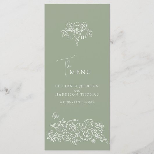 Sage groen wit monogram fleur de lis bruiloft menu (Voorkant)