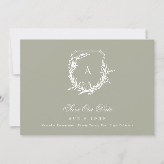 Sage Groen Wit  monogram kuif foto Save The Date (Voorkant)