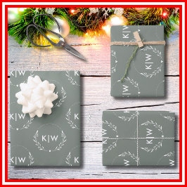 Sage Groen Wit | Monogram moderne Initialen Inpakpapier Vel