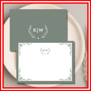 Sage Groen Wit Monogram moderne Initialen Notitiekaartje