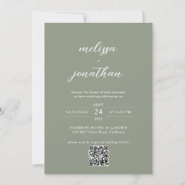 Sage Groen & Wit Script Foto QR Code Bruiloft Kaart