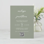 Sage Groen & Wit Script Foto QR Code Bruiloft Kaart (Staand voorkant)