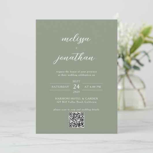 Sage Groen & Wit Script Foto QR Code Bruiloft Kaart (Staand voorkant)