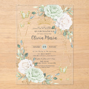 Sage Groen & Witte Bloemvlinder Quinceanera Acryl Uitnodigingen
