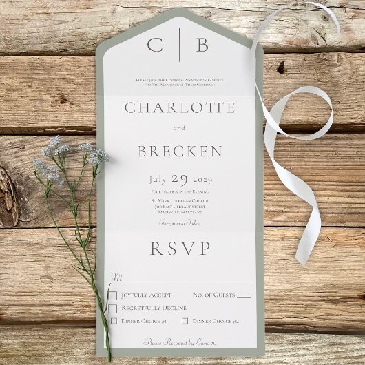 Sage Groen Witte Monogram Minimale Dinner All In One Uitnodiging
