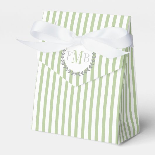 Sage groen, witte strepen monogram bruiloft bedankdoosjes (Voorkant Zijde)