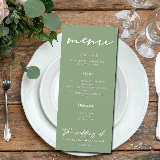 Sage Groen Witte Typografie Trouwdiner Menu