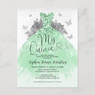 Sage Groen Zilveren Jurk Mis Quince Quinceañera Briefkaart