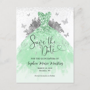 Sage Groen Zilveren Jurk Quinceañera Save the Date Briefkaart