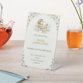 Sage Groene Babyshower Mandje Reclamebord Met Voetstuk