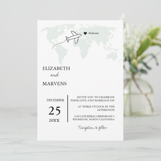 Sage groene bestemming reizen alles in één bruilof kaart (Staand voorkant)