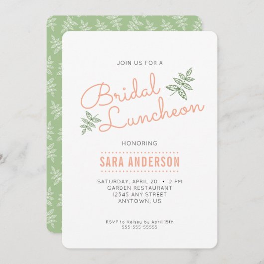 Sage Groene bladeren en koraal bruids lunch Kaart (Voorkant / Achterkant)