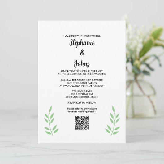 Sage Groene Bladeren QR Code Zwart Script Bruiloft Kaart (Staand voorkant)