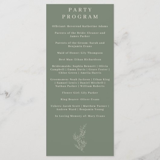 Sage Groene Bloem Ivy Trouwprogramma Menu (Achterkant)
