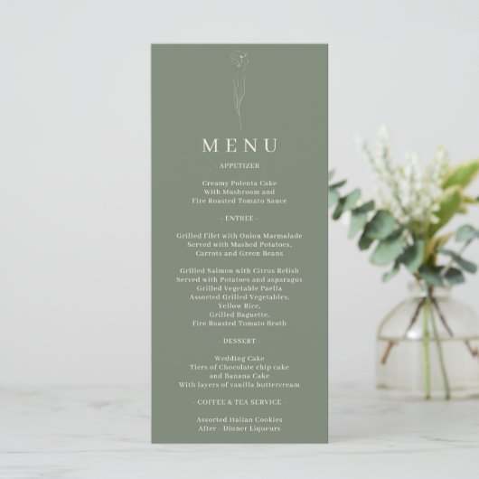 Sage Groene Bloem Kunst Bruiloft Menu (Staand voorkant)