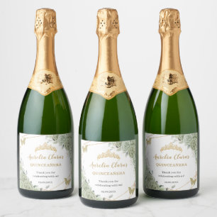 Sage groene bloem vlinders Quinceañera verjaardag Sparkling Wijnetiket