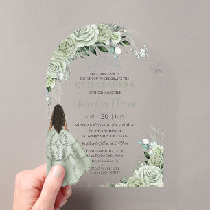 Sage Groene Bloemen Bruin Meisje Quinceañera XV Bo Acryl Uitnodigingen
