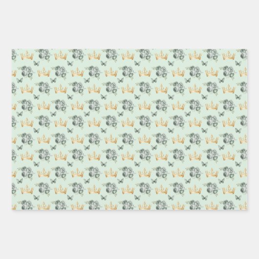 Sage Groene Bloemen en Gouden Kronen Inpakpapier Vel (Voorkant 3)