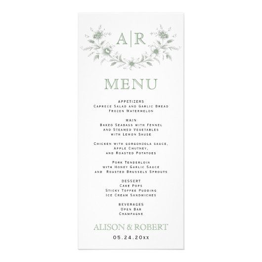 Sage groene bloemen lijst monogram bruiloft menuka reclamekaart (Voorkant)