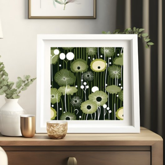 Sage Groene Bloemen op Zwart Poster
