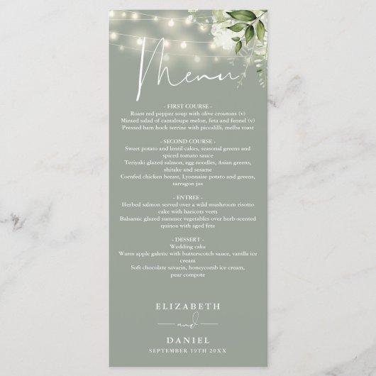 Sage Groene Bloemen String Lights Bruiloft Diner Menu (Voorkant)